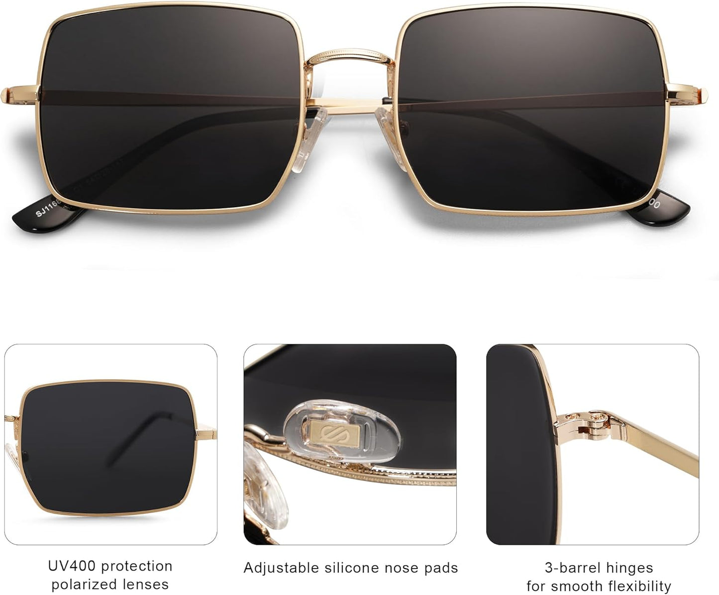 Lentes de Sol Polarizados SOJOS SJ1168, Rectangulares Poligonales Retro Vintage, Unisex UV400 para Hombres y Mujeres