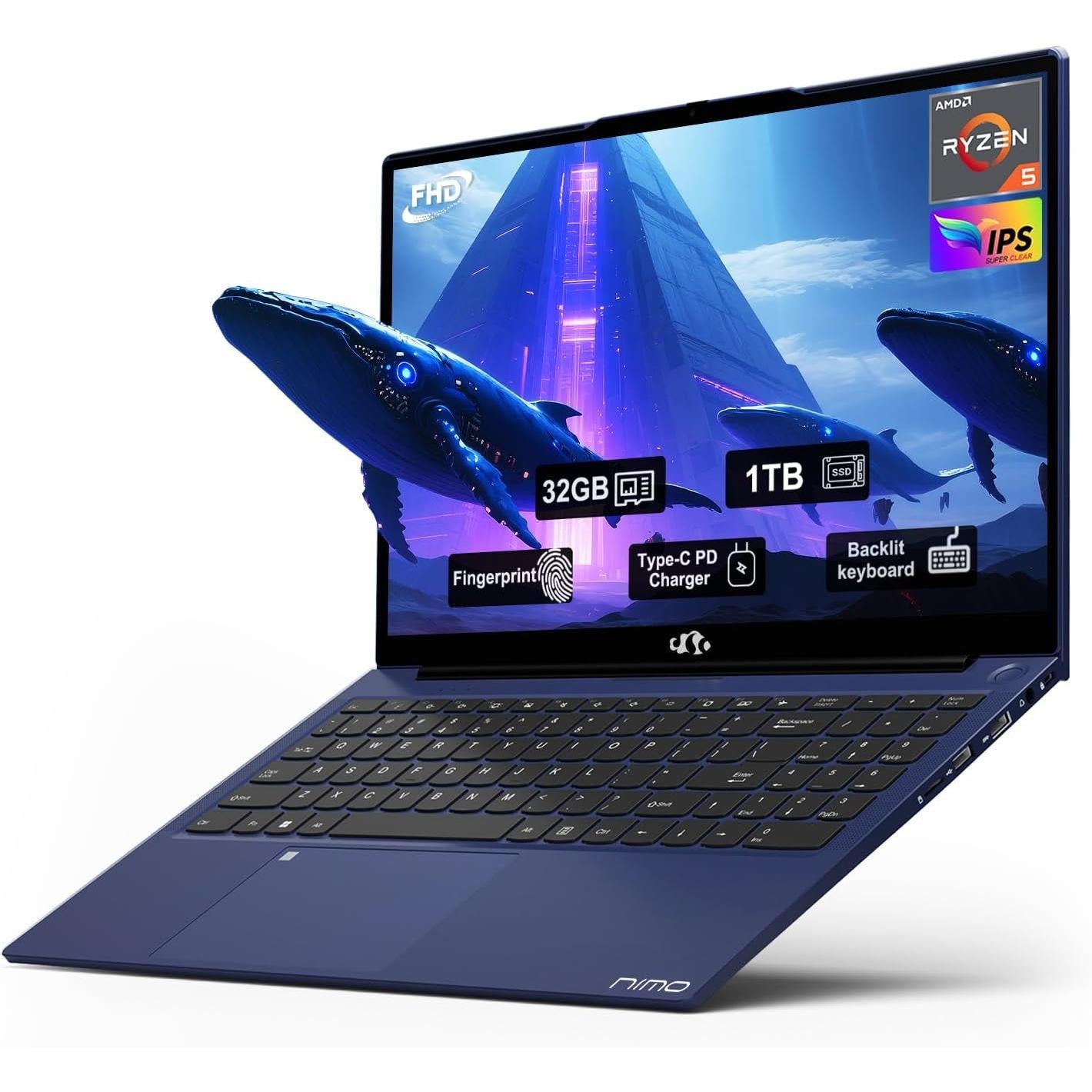 Laptop 15.6" FHD NIMO | AMD Ryzen 5 3500U | 32GB RAM | 1TB SSD | Teclado Retroiluminado | Huella Digital | Cargador Rápido 65W | Windows 11 | 2 Años Garantía