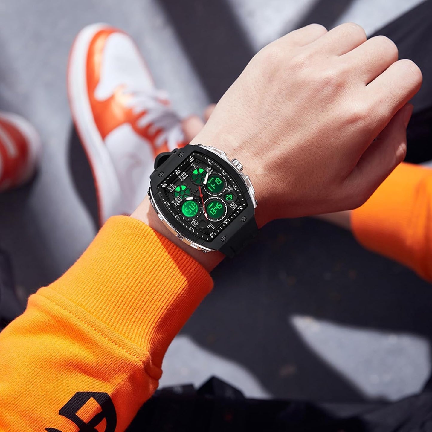 Reloj para Hombre Rectangular Blanco | Doble Hora Analógico + Digital | Cronómetro & Cuenta Regresiva | Alarma | 5 ATM Resistente al Agua | Correa de Silicona | Caja de Regalo