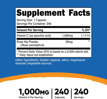 Vitamina C con Rosa Mosqueta (Rose Hips) 1,025 mg – 240 Cápsulas | Premium, Sin OGM, Sin Gluten