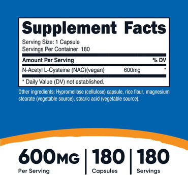 N-Acetyl L-Cysteine (NAC) 600 mg – 180 Cápsulas | Vegano, Sin OGM, Sin Gluten