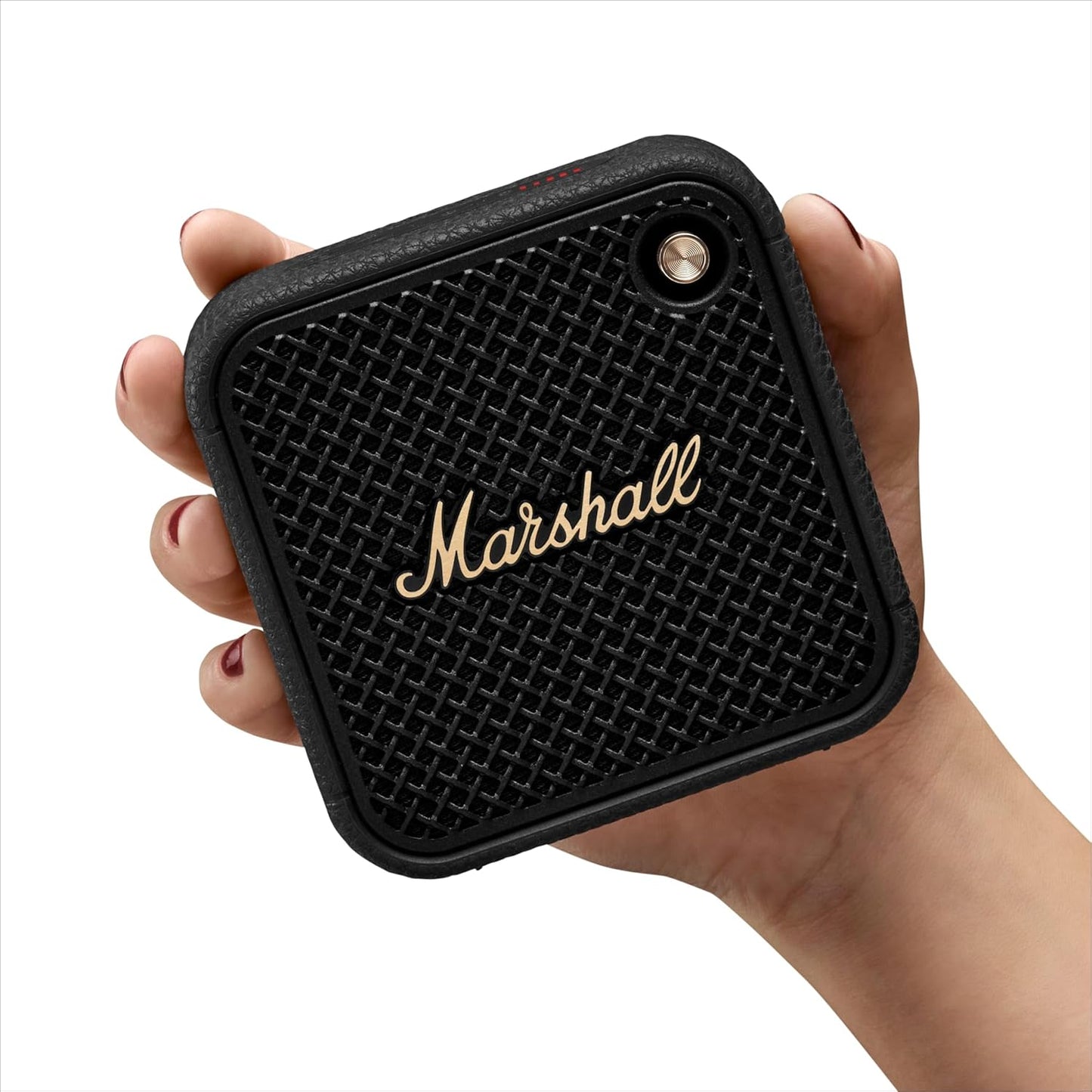 Marshall Willen II – Bocina Bluetooth portátil IP67 (Black & Brass), 17+ h batería, micrófono manos libres y correa de sujeción