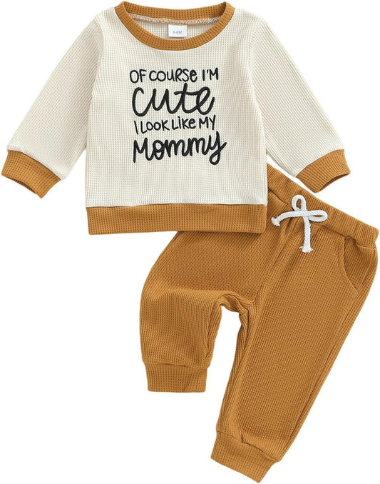 Conjunto de 2 piezas de ropa para bebé y niño, sudadera con cuello redondo con letras y pantalones casuales de otoño e invierno