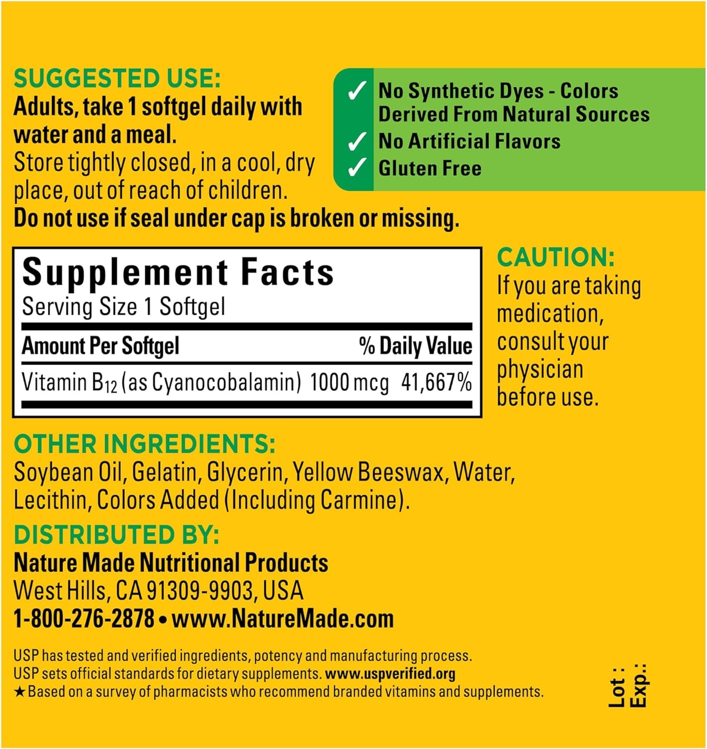 Vitamina B12 1000 mcg – 150 Cápsulas Blandas | Nature Made | Soporte del Metabolismo Energético | 150 días | Sin Gluten | Verificado por USP