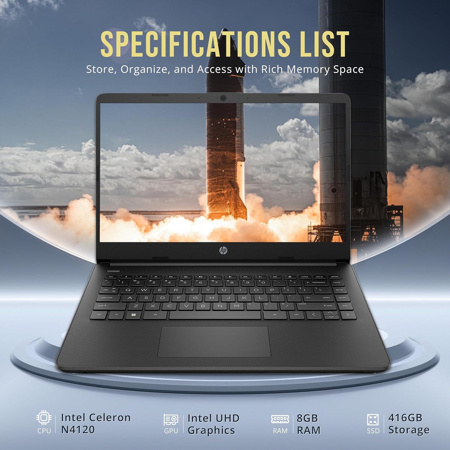 Notebook HP Stream 14” HD, Intel Celeron N4120, 8GB RAM, 416GB (128GB eMMC + Docking 256GB + MicroSD 32GB), UHD Graphics, Cámara 720p, Windows 11 S + Office 365, Negra
