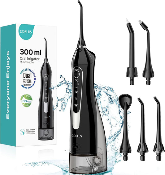 COSLUS Irrigador Dental Portátil – 300ML Flosser Eléctrico Recargable, 3 Modos & 5 Boquillas, Batería de 30 Días, Resistente al Agua IPX7 para Limpieza Dental y Salud de las Encías (Negro)