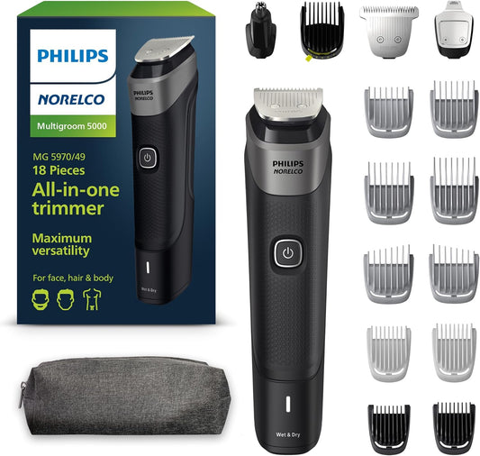 Philips Multigroom Series 5000 (MG5970/49) | 18 en 1 para Barba, Cabello, Cuerpo, Nariz y Oídos – Cuchillas de Titanio | Sin Aceite | Estuche de viaje
