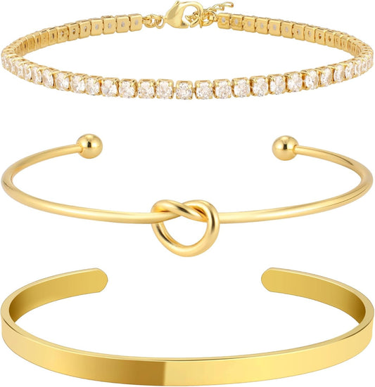Set de Pulseras para Mujer – Brazalete Dorado Tipo Cuff con Nudo + Pulsera Tennis con Zirconias, Baño de Oro 14K, Antidesgaste, Elegante y de Moda