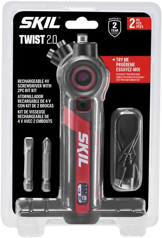 SKIL Twist 2.0 Destornillador Eléctrico Recargable 4V – Cabezal Pivotante, 3 Niveles de Torque, Luz LED, Carga USB-C, Set con 2 Puntas – SD5619-01