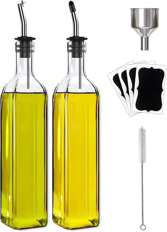 Set de 2 Botellas de Vidrio para Aceite y Vinagre (500ml) con Vertedores de Acero Inoxidable, Embudo, Cepillo y Etiquetas – Dispensador Antigoteo para Cocina