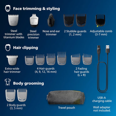 Philips Multigroom Series 5000 (MG5970/49) | 18 en 1 para Barba, Cabello, Cuerpo, Nariz y Oídos – Cuchillas de Titanio | Sin Aceite | Estuche de viaje