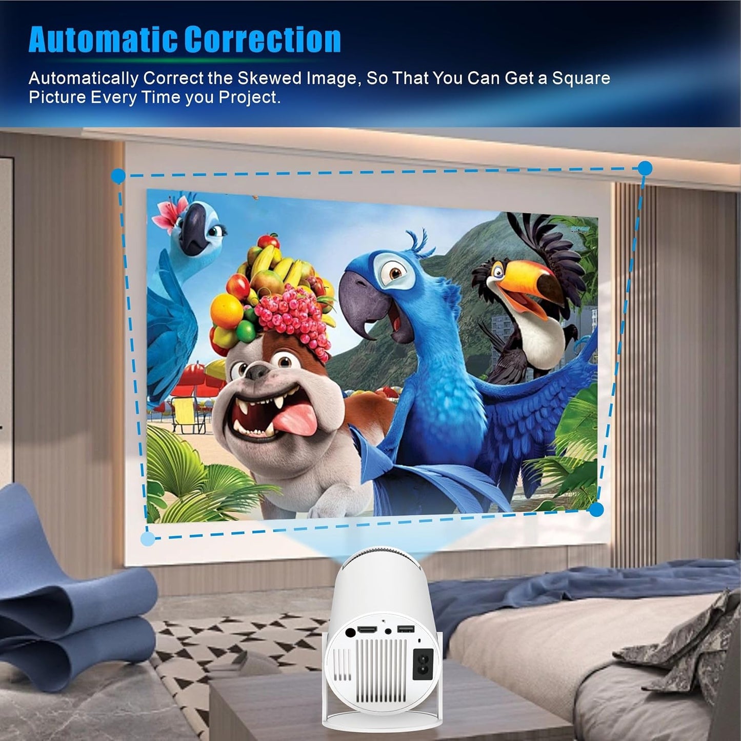 Mini Proyector Android 11 con Wi-Fi 6 y BT 5.2, 150 ANSI, 720p Nativo (Soporta 1080p/4K), Auto Keystone, Giro 180°, Pantalla 40–130", Apps Integradas