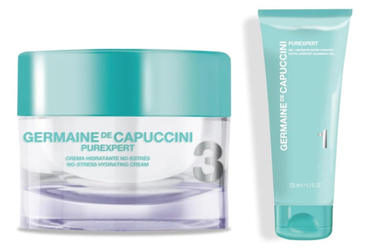 Germaine de Capuccini Purexpert Dual Routine | Gel Limpiador Extra-Confort + Crema Hidratante Facial | Limpia sin resecar & Hidrata con confort | Piel normal/mixta (tendencia a imperfecciones) | 2 x 125 ml