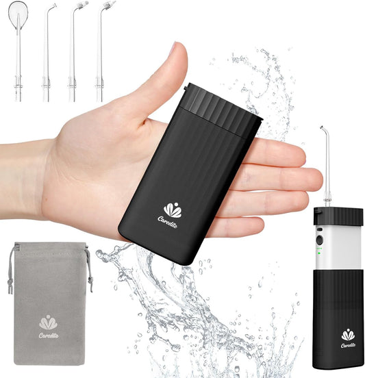 Irrigador Dental Portátil Caredite – Mini Water Flosser Recargable con Tanque Extensible, 3 Modos, 4 Boquillas, USB-C, IPX7 Resistente al Agua – Ideal para Viajes, Brackets y Encías Sensibles (Negro)
