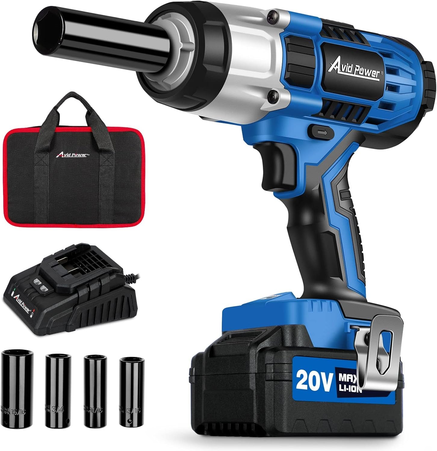 20V Cordless Impact Wrench, Electric Impact Gun 1/2 Inch Drive with 330 Ft-Lbs Max Torque (450N.M), 3.0Ah Li-Ion Battery, 4-Piece Socket Set, Fast Charger and Tool Bag