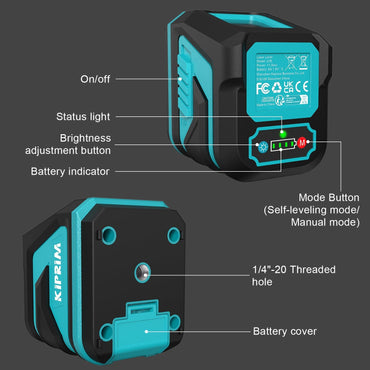 Nivel Láser Verde Kiprim LV8 Mejorado, Autonivelante, Brillo Ajustable, Modos Manual/Self-Leveling/Pulso, Alcance 40m (Interior) / 50m (Exterior con Detector)