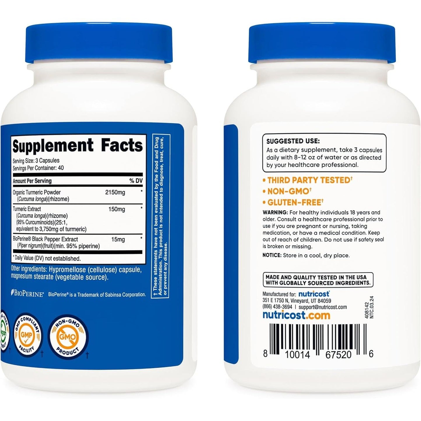Cúrcuma (Turmeric) con BioPerine® y 95% Curcuminoides, 2,300 mg – 120 Cápsulas Vegetales | Sin GMO | Sin Gluten