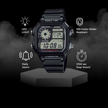 AE1200WH Series | Men’S Digital Watch | 100M WR | Multi Alarms | 100 SEC Stopwatch | Countdown Timer | World Map for World Time | LED Light | LC Analog Display | 10 Year Battery