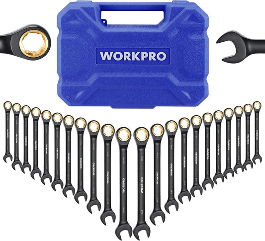 Set de Llaves Combinadas con Carraca WORKPRO 22 Piezas, Métricas (6-18mm) y SAE (1/4"-3/4"), Acero Cromo Vanadio, Dientes Antideslizantes, Estuche Organizador