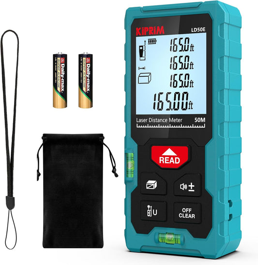 Medidor Láser de Distancia Kiprim LD50E, 50M / 165ft Alta Precisión ±2mm, Pantalla LCD Retroiluminada, Función Pitagórica y Memoria de 99 Datos
