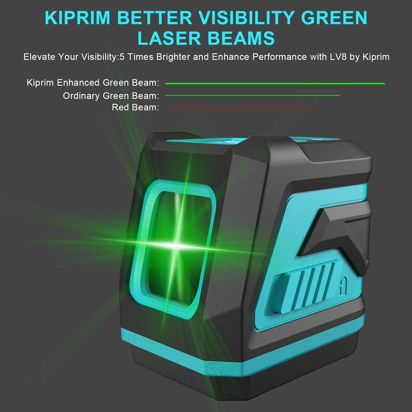 Nivel Láser Verde Kiprim LV8 Mejorado, Autonivelante, Brillo Ajustable, Modos Manual/Self-Leveling/Pulso, Alcance 40m (Interior) / 50m (Exterior con Detector)