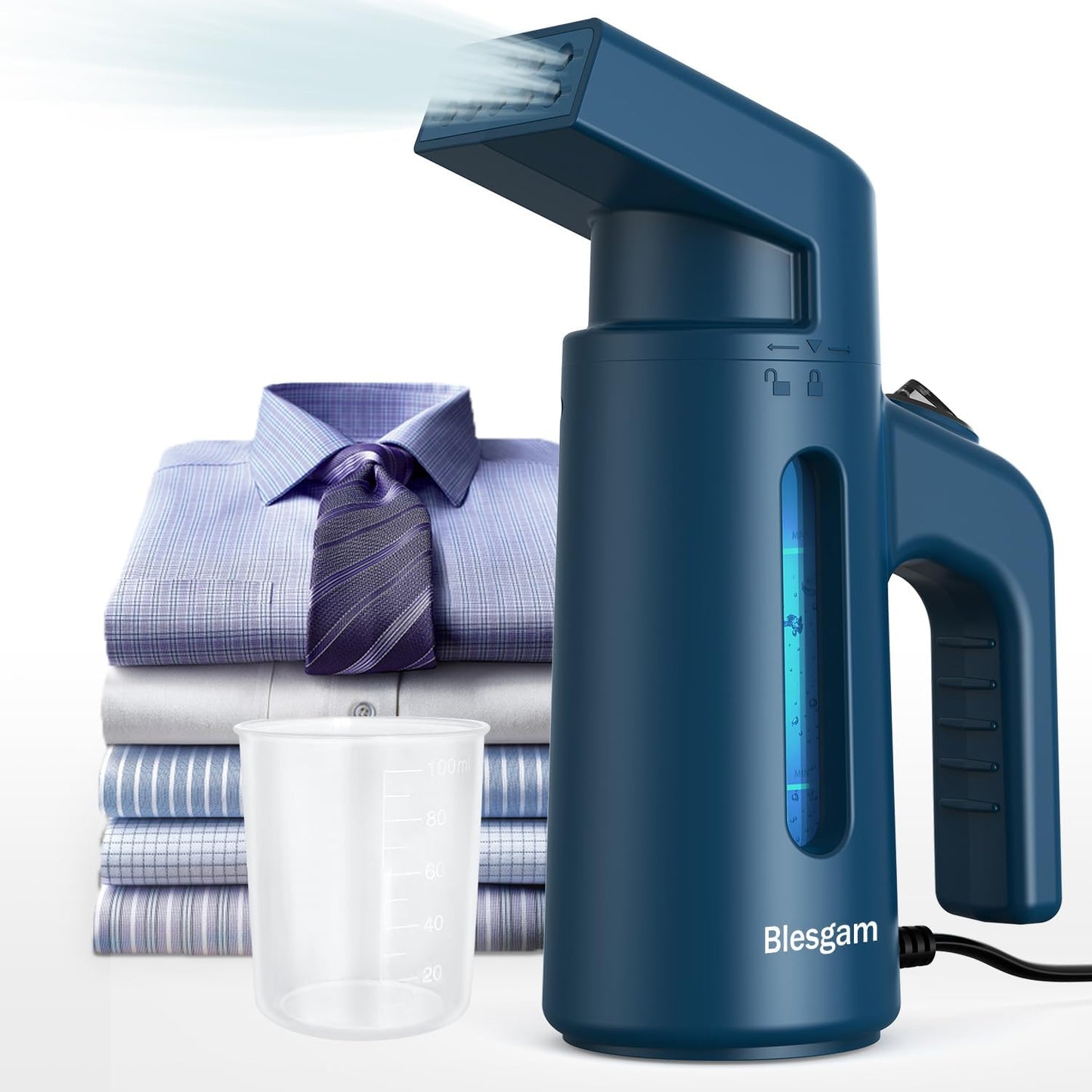 Blesgam Vaporizador de Ropa 700 W | Doble fila de vapor 25 g/min | Calienta en 40 s (100–110 °C) | Depósito 180 ml | Cable 2.4 m (8 ft) | Ligero 0.4 kg | Protección doble | Para hogar y viaje