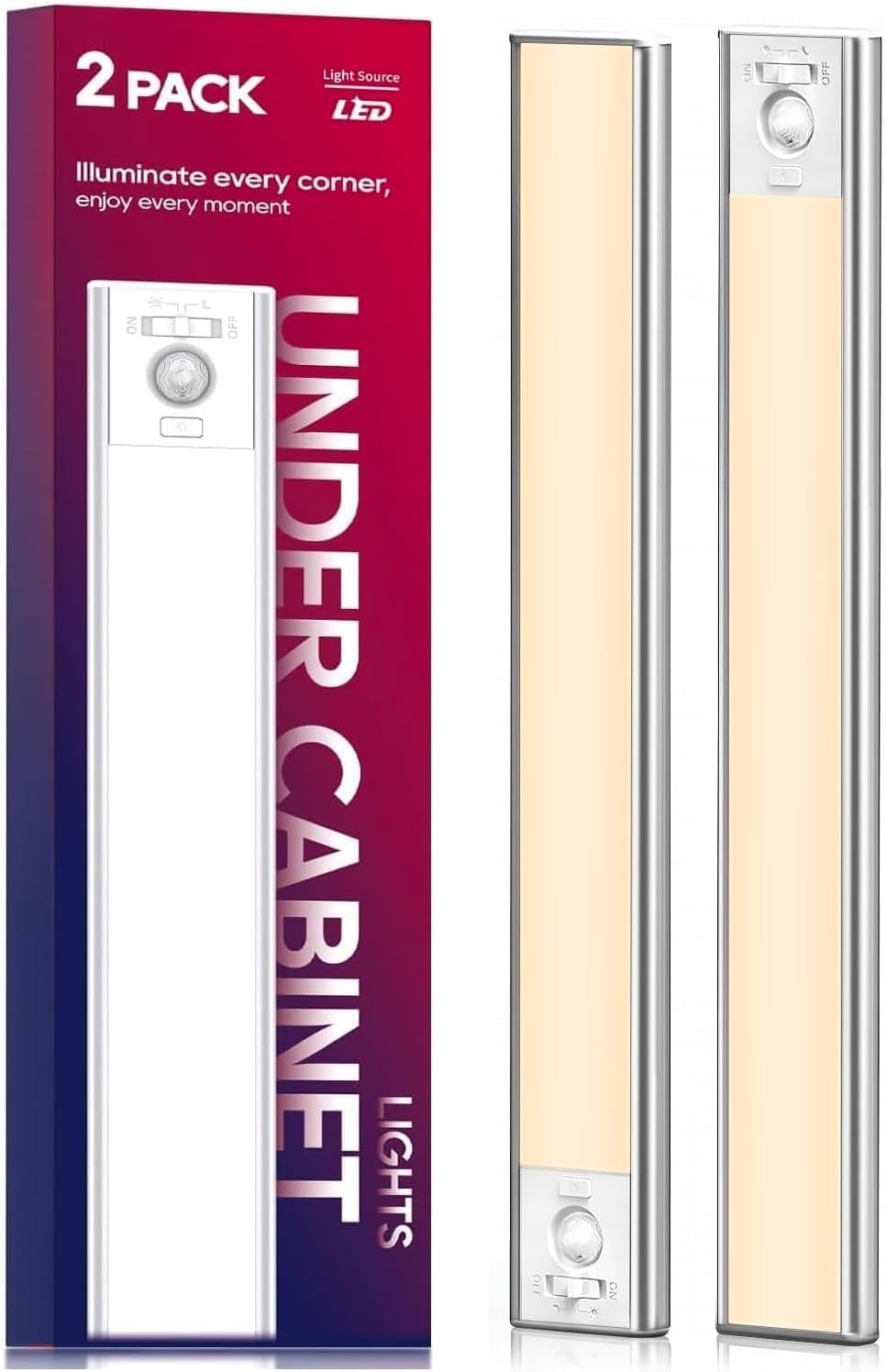 Luces Bajo Mueble Recargables con Sensor de Movimiento, Pack x2, 62 LEDs, 2200mAh USB-C, Magnéticas, Regulables, Inalámbricas para Cocina, Clóset, Pasillo