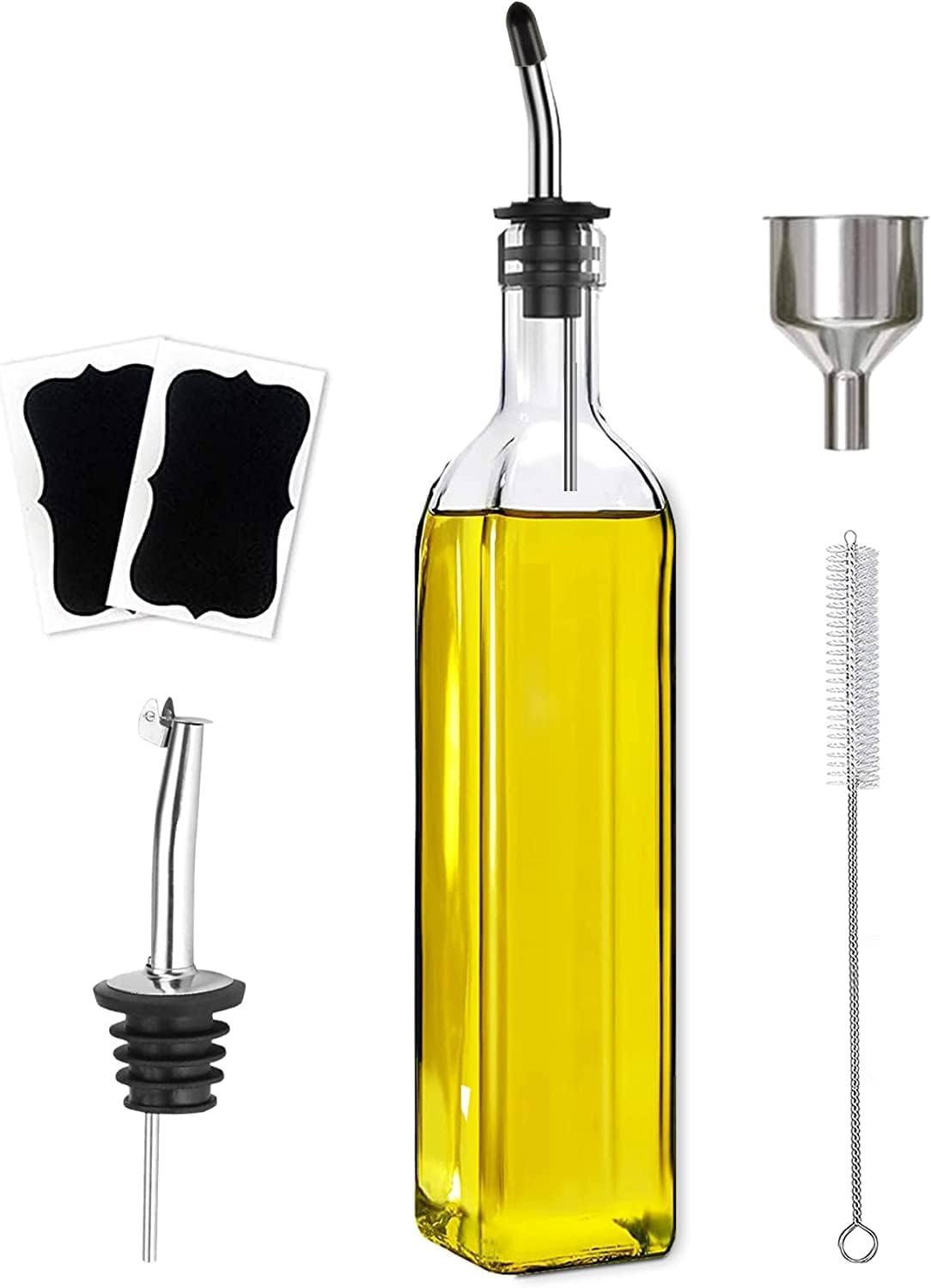 Set de 2 Botellas de Vidrio para Aceite y Vinagre (500ml) con Vertedores de Acero Inoxidable, Embudo, Cepillo y Etiquetas – Dispensador Antigoteo para Cocina