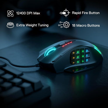 Redragon M908 Impact – Mouse Gamer MMO con Retroiluminación RGB, 12 Botones Laterales, 18 Macros Programables y Sensor Óptico de Alta Precisión, 12.400 DPI, Cableado, Negro