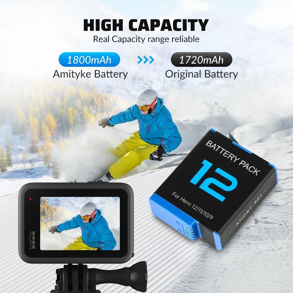 Pack de 2 Baterías 1800 mAh para GoPro Hero 12/11/10/9 + Cargador Rápido USB-C de 3 Ranuras con Estuche Protector