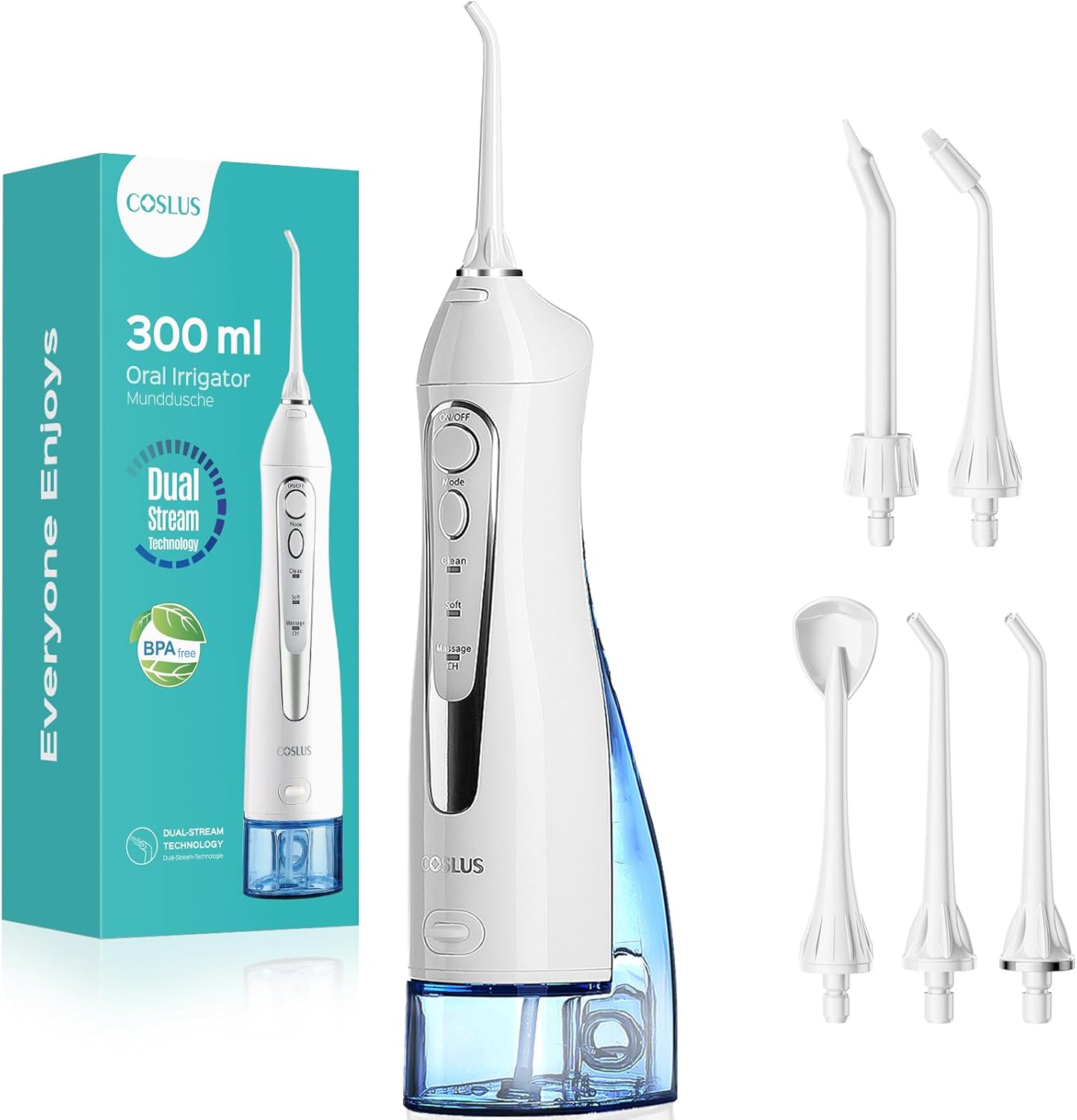 COSLUS Irrigador Dental Portátil – 300ML Flosser Eléctrico Recargable, 3 Modos & 5 Boquillas, Batería de 30 Días, Resistente al Agua IPX7 para Limpieza Dental y Salud de las Encías (Negro)
