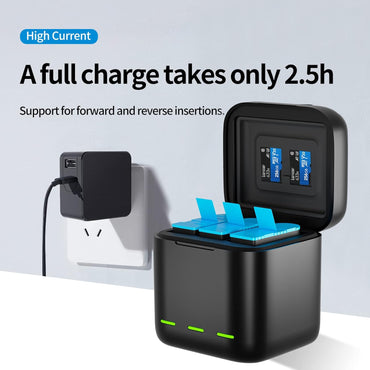 Kit Cargador TELESIN para GoPro Hero 12/11/10/9 – 2 Baterías + Estuche de Carga Triple con Cable USB-C