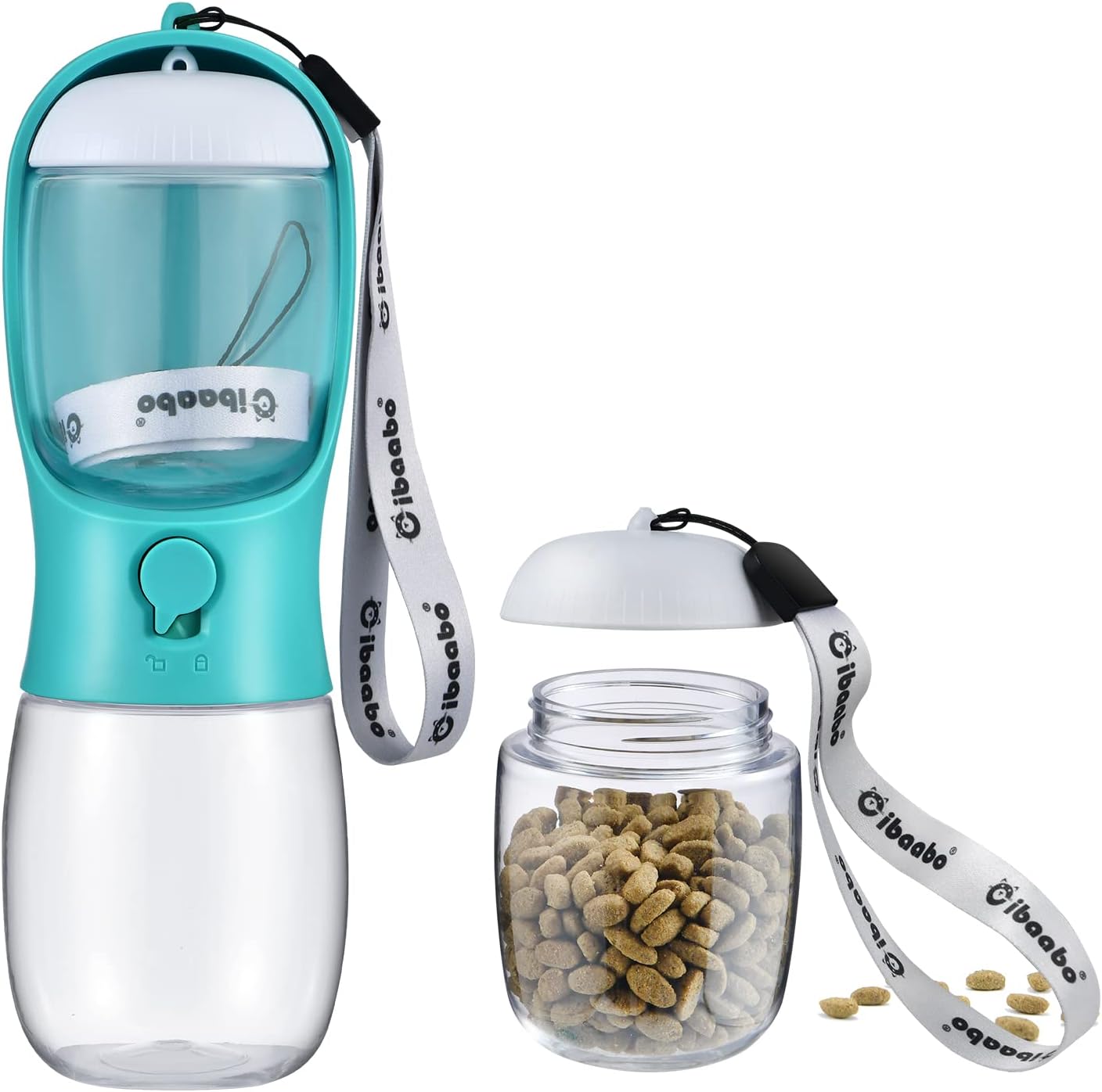 Botella de Agua para Perros con Contenedor de Alimento (2 en 1) | Portátil, Antifugas y con Filtro de Carbón – 10oz/300ml y 19oz/550ml | Accesorio de Viaje para Perros y Gatos