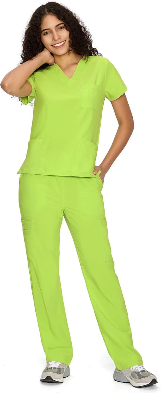 Set Uniforme Médico | Camiseta con Cuello en V y Pantalones de Pierna Recta con Bolsillos | Ropa de Trabajo Unisex | Color: Verde Manzana