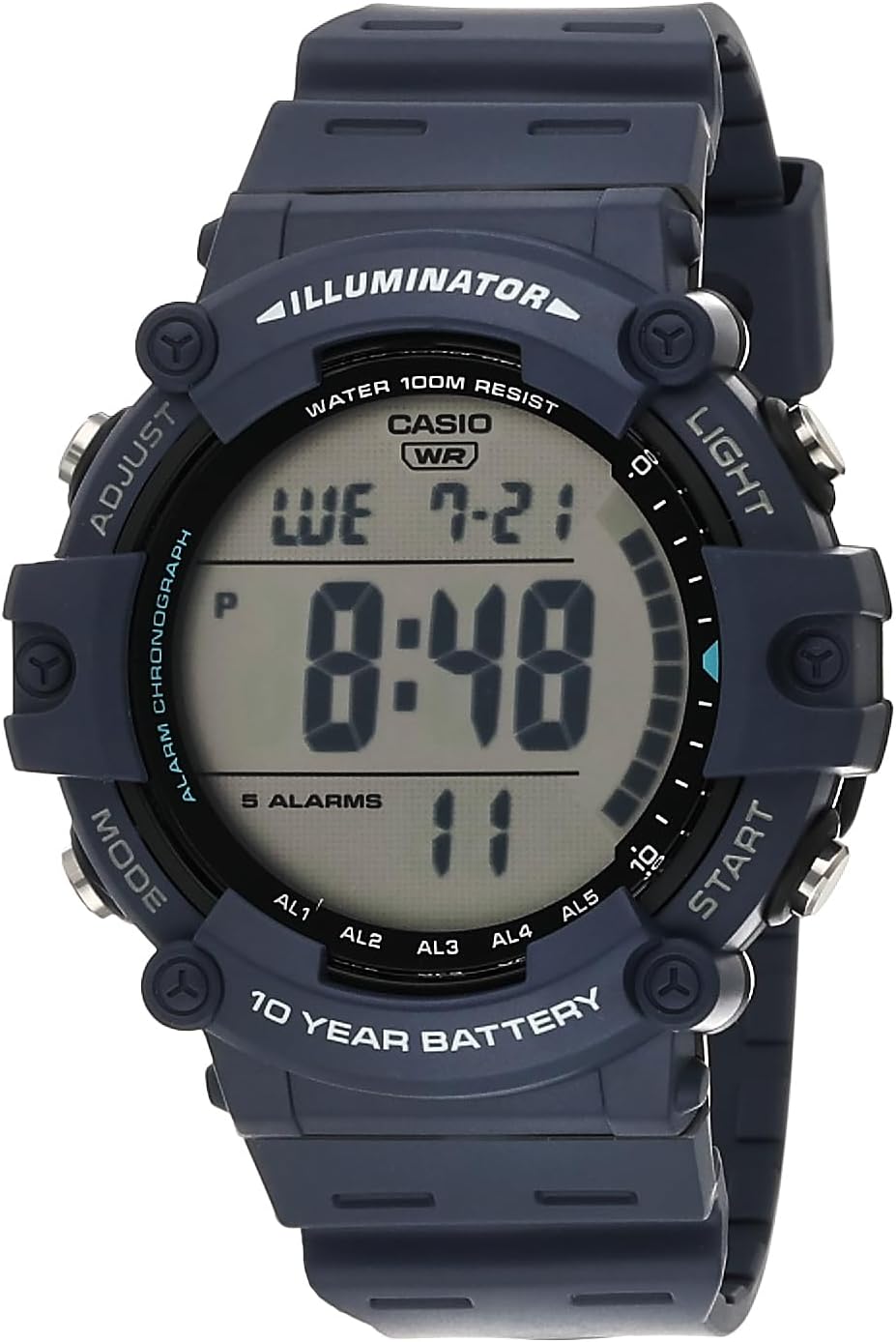 Illuminator AE1500WH Series | 10-Year Battery | LED Backlight | 5-Alarms | 1/100 Sec Stopwatch | Men'S Digital Watch