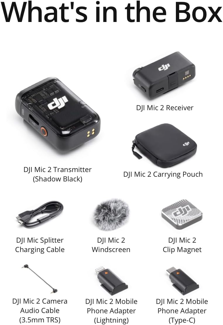 DJI Mic 2 (1 TX + 1 RX) Micrófono Inalámbrico con Cancelación Inteligente de Ruido y Grabación Interna 32-bit