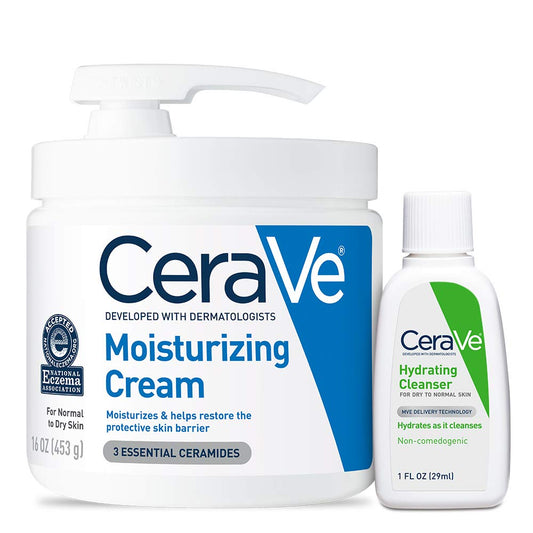 CeraVe Set Crema Hidratante 16 oz (con pump) + Limpiador Facial Hidratante 1 oz | Ácido Hialurónico + 3 Ceramidas | Sin Fragancia