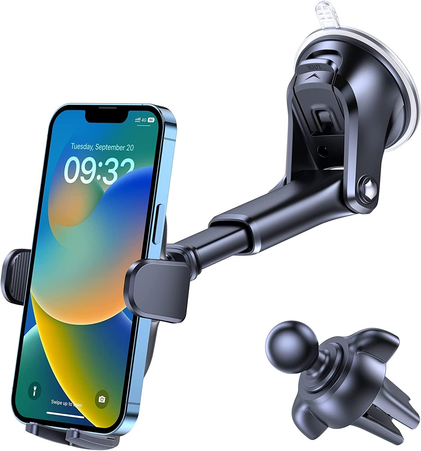 Soporte de Celular para Auto 3-en-1 – Tablero, Parabrisas y Rejilla de Aire | Ventosa de Alta Succión, Brazo Ajustable, Rotación 360° | Compatible iPhone & Android