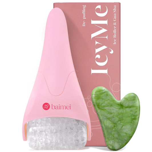 Set IcyMe Ice Roller y Gua Sha Facial, Rodillo de Hielo para Cara + Masajeador, Reduce Hinchazón, Migrañas y Arrugas, Regalo Self-Care Mujer – Rosa
