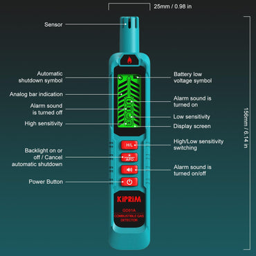 Detector de Fugas de Gas Natural Kiprim GD01A Portátil, Alarma Visual y Sonora, Sensibilidad Alta/Baja, Incluye Pilas – Para Propano, Metano y Gases Combustibles