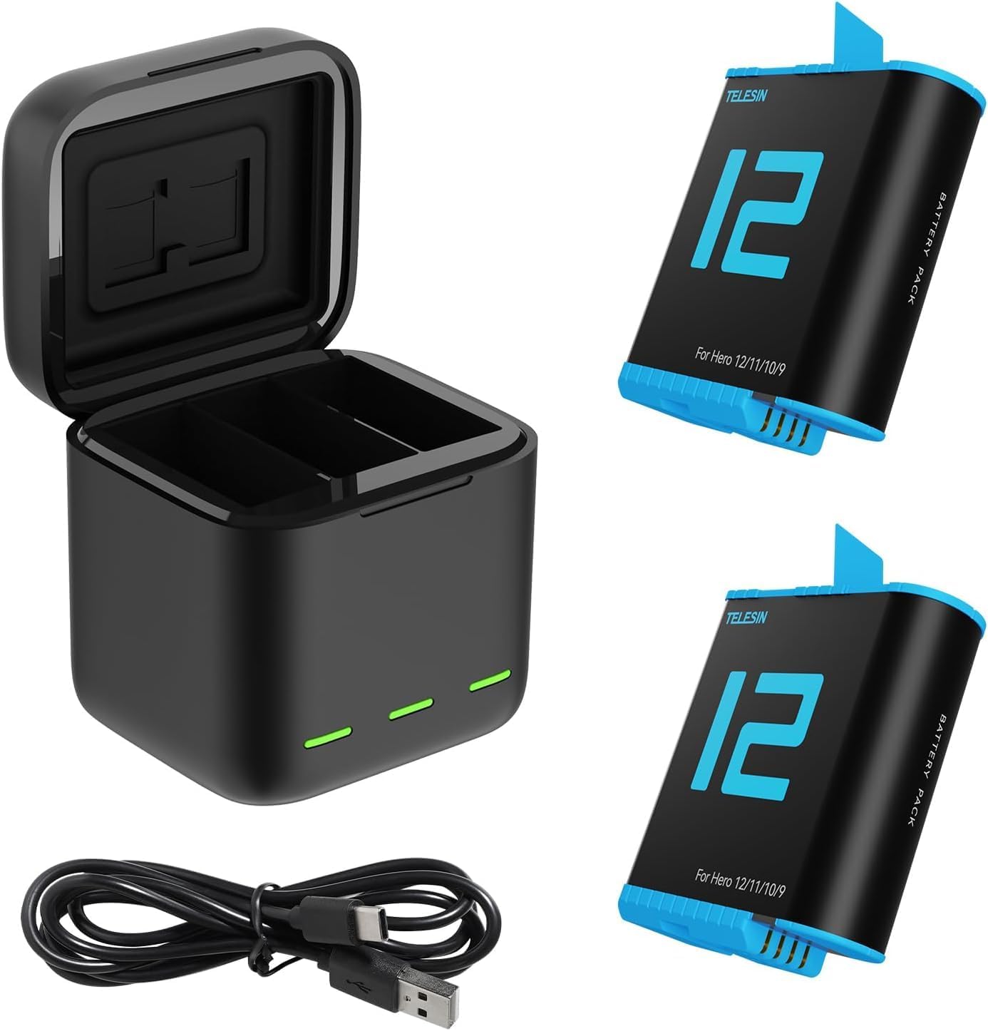 Kit Cargador TELESIN para GoPro Hero 12/11/10/9 – 2 Baterías + Estuche de Carga Triple con Cable USB-C