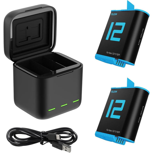 Kit Cargador TELESIN para GoPro Hero 12/11/10/9 – 2 Baterías + Estuche de Carga Triple con Cable USB-C