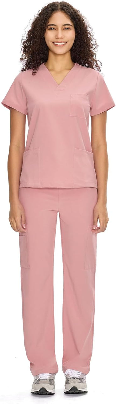 Set Uniforme Médico | Camiseta con Cuello en V y Pantalones de Pierna Recta con Bolsillos | Ropa de Trabajo Unisex | Color: Rosa
