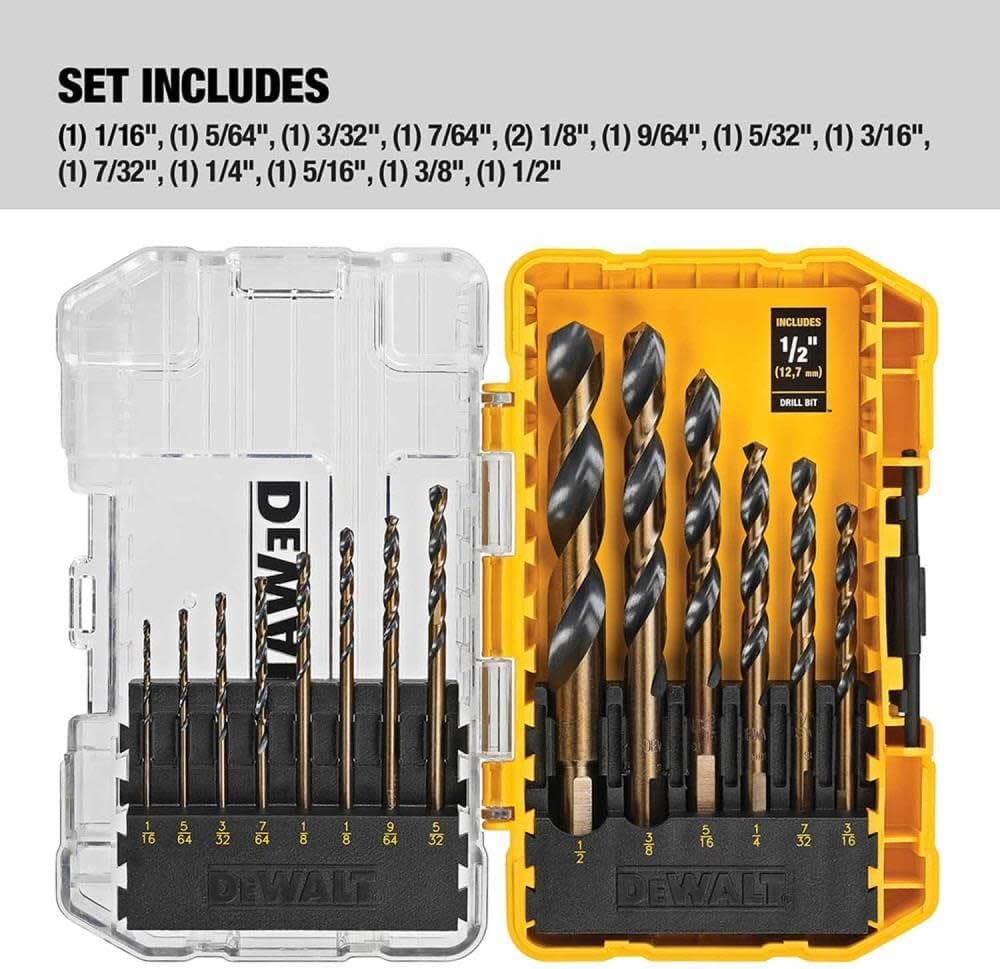 Juego de Brocas DEWALT 14 Piezas, Punta de 135°, Acero Rápido HSS, Revestimiento Negro y Dorado, Alta Durabilidad para Madera, Plástico y Metal (DWA1184)