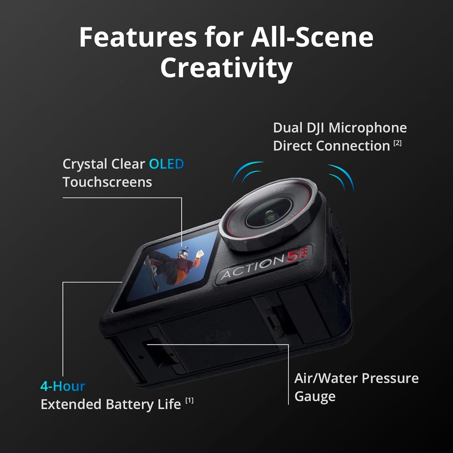 DJI Osmo Action 5 Pro Essential Combo – Cámara de acción 4K/120fps con sensor de 1/1.3", doble pantalla OLED, HorizonSteady 360° y audio profesional para deportes, vlogging y grabaciones en movimiento