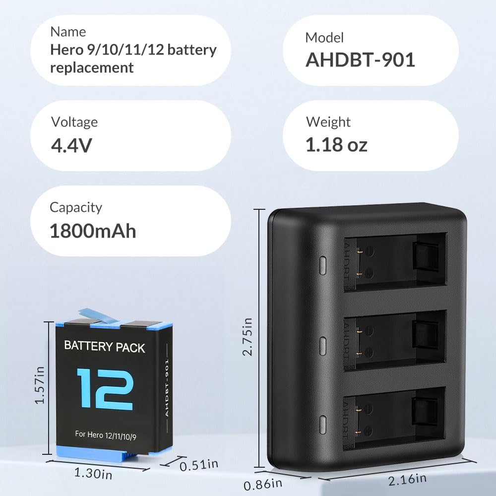 Pack de 2 Baterías 1800 mAh para GoPro Hero 12/11/10/9 + Cargador Rápido USB-C de 3 Ranuras con Estuche Protector