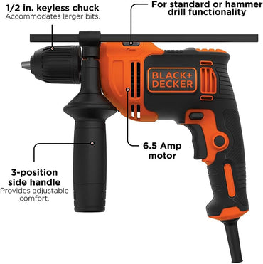 BLACK+DECKER Taladro Percutor, 6.5 Amperios, 1/2 Pulgada (BEHD201), Con Cable, 48.000 Golpes Por Minuto, Función 2 en 1