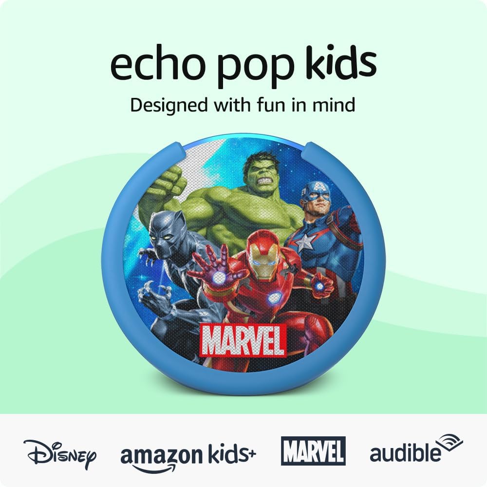 Echo Pop Kids (Modelo más reciente) – Altavoz inteligente para niños con Alexa, fundas Disney Princess y Marvel’s Avengers, control parental, 6 meses de Amazon Kids+