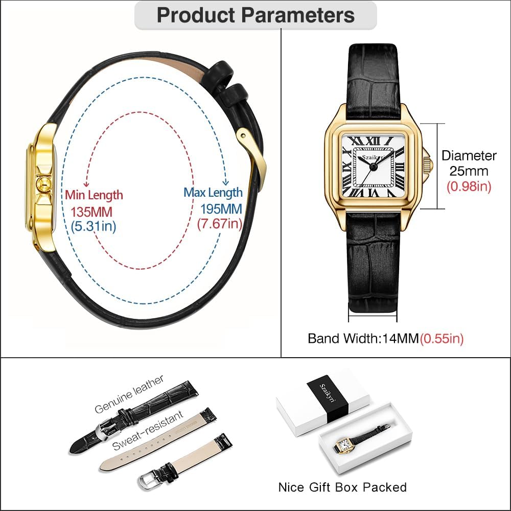 Reloj para Mujer Cuadrado 25 mm | Números Romanos | Movimiento Japonés | Correa de Acero o Cuero | Resistente al Agua (uso diario)
