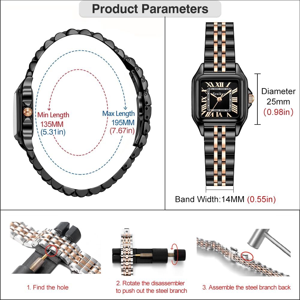 Reloj para Mujer Cuadrado 25 mm | Números Romanos | Movimiento Japonés | Correa de Acero o Cuero | Resistente al Agua (uso diario)